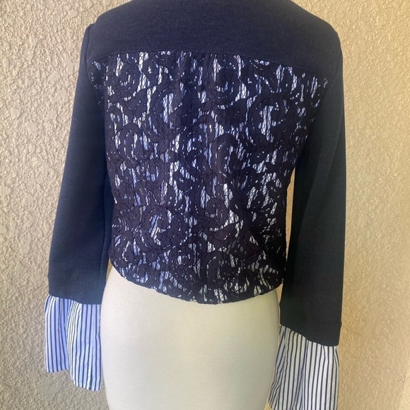 Nordstrom Signature Navy Blue Sweater With White and Blue Striped Bell Sleeve XS - Picture 6 of 12